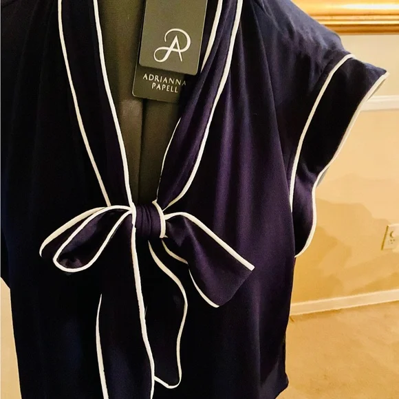 Adrianna Papell Dark Blue and White Tie Front Blouse with Sailor Collar - Picture 2 of 4